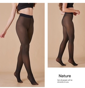 Detailed side view of high-waist sheer black fleece-lined tights with elastic texture