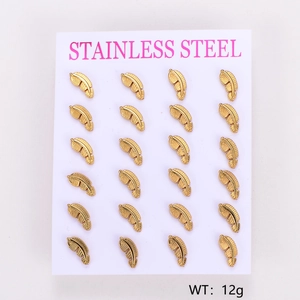 Row of gold-plated stainless steel feather stud earrings displayed on a white card