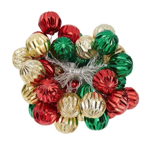 Christmas LED ball light string with red green and gold faceted baubles on white background
