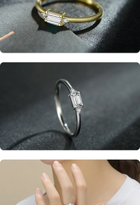 Macro view of gold and silver S925 rings with rectangle cut stones and model view