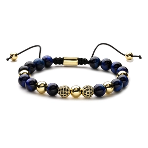 Bracciale occhio di tigre blu 8mm con perline di zircone dorato e cordino intrecciato nero