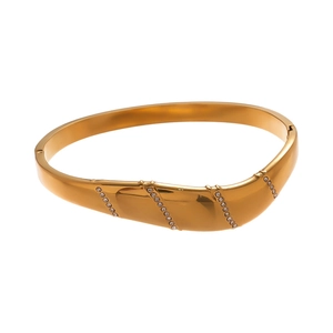 Bracelet jonc doré ondulé en acier inoxydable orné de quatre rangées de strass brillants