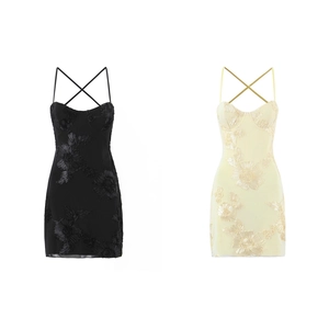 Sexy backless floral embroidered bodycon mini dress with lace-up straps in black and beige