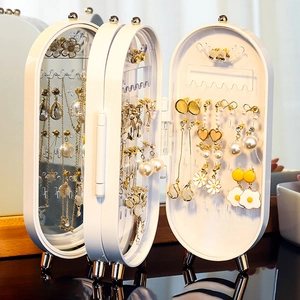 White folding screen jewelry organizer with integrated mirror for earrings and necklaces