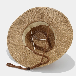 Brown sequin straw Panama hat with adjustable wind cord for beach sun protection