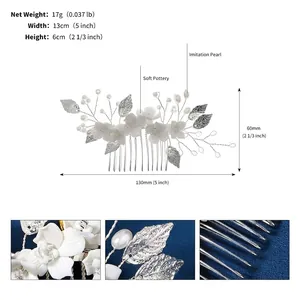 Detail of floral hair comb set showing measurements of 13cm width and pearl accents