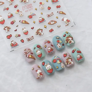 Nail Art Stickers 5D Embossed Adhesive Decals Cartoon Rabbit Strawberry Flowers For Manicure DIY Cute Style