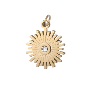 Golden stainless steel sunburst gear pendant with sparkling center zircon stone