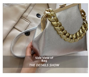 Detail showing metallic silver textured leather handbag with a chunky gold chain handle