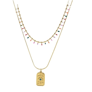 French vintage double-layered gold necklace with colorful charms and celestial sun moon pendant