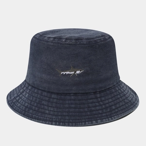 Faded denim bucket hat with shark embroidery for outdoor sun protection in dark grey