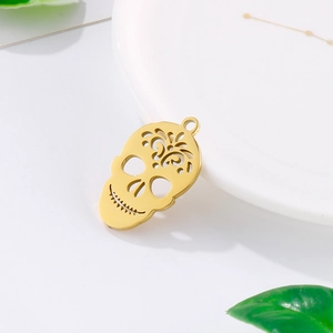 Hip hop style gold stainless steel skull pendant with hollowed floral forehead design