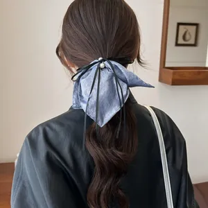 Chouchou À Nœud Pailleté Nacré Avec Long Ruban Élastique En Tissu Élégant Künstliche Perle Fausse Strass Pour Femmes