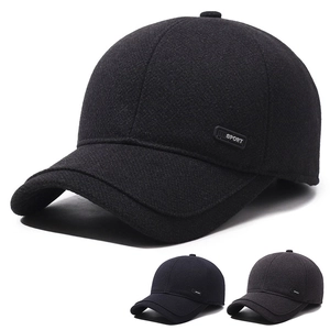 Men Winter Baseball Cap With Ear Flaps Warm Woolen Peaked Hat For Outdoor Sport Adjustable Cold Weather Headwear