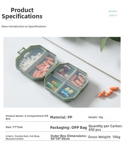 Specifiche tecniche del portapillole ottagonale a 6 scomparti in materiale PP