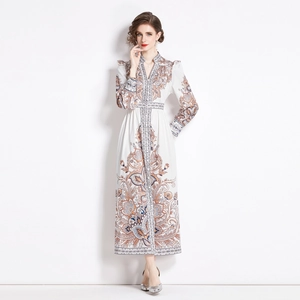 Vintage Maxi-Kleid mit Paisleymuster, V-Ausschnitt, langen Ärmeln und hoher Taille
