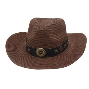 Dark brown straw cowboy hat with black leather band and vintage metal floral studs