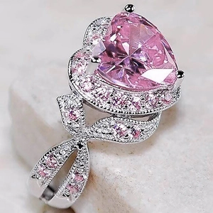 Heart Shaped Pink Zircon Ring Copper Bow Knot Romantic Sweet Jewelry For Women