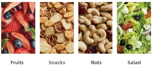 Detailed grid showing multi-use storage box for fresh fruits, snacks, nuts, and salads