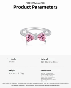 Detailed view of S925 sterling silver bow ring with pink zircon stones and clear weight specs