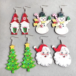 Christmas Drop Earrings Wooden Gnome Santa Snowman Tree Red Truck Plaid Festive Holiday Jewelry For Women