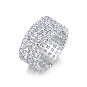 Luxurious wide 925 silver ring with four rows of brilliant pavé moissanite stones