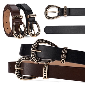 Vintage pin buckle women's leather belt in black and dark brown with gold metal texture