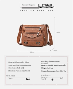 Sac bandoulière marron multi-poches avec dimensions 22x13x19cm et détails de poids précis