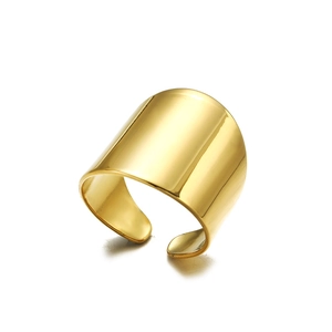 Minimalist wide golden stainless steel open ring with a polished mirror finish