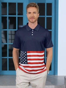 Detail of men's polo shirt with navy blue collar and American flag print pattern