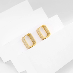 Detailed view of gold square hoop earrings with micro-pave cubic zirconia on white steps