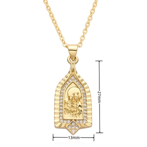 Detail view showing a gold religious pendant with Virgin Mary relief and white zircons