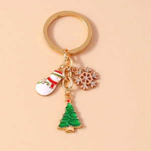 Detail of Christmas keychain with gold ring, snowman, snowflake, and green tree charms