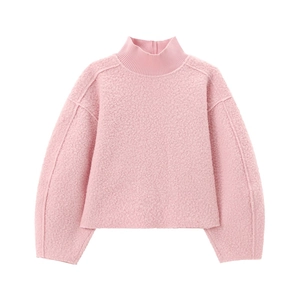 Pink women's long-sleeve knit sweater with a high neck and textured fleece finish