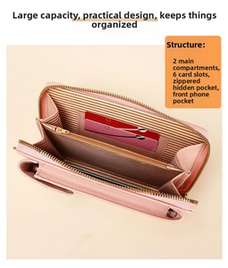 Pink PU leather crossbody bag interior showing slots, zip pocket, and phone compartment