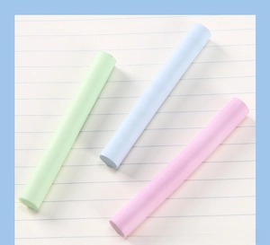 Detail showing macaron color retractable erasers in blue, pink, and green on paper
