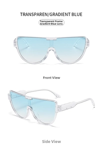 Front and side views of oversized transparent blue gradient sunglasses with large frames