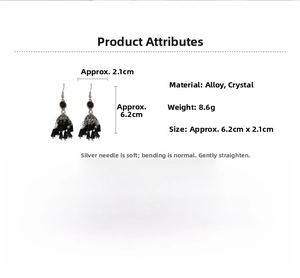 Ethnic Jhumka style earrings with crystals and S925 silver needle, size 6.2cm by 2.1cm