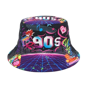 Bucket Hat Reversible Polyester Sun Protection Outdoor Retro Nineties Print Streetwear Pop Art Casual For Men Women