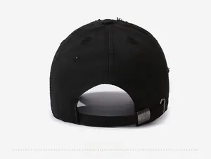 Detailed back view of a distressed black baseball cap with an adjustable metal buckle