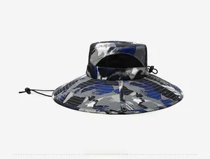 Detail view of camouflage sun hat featuring side breathable mesh and adjustable chin strap