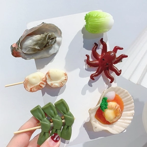 Funny 3D simulation food hair clips set featuring oyster, cabbage and seafood resin designs