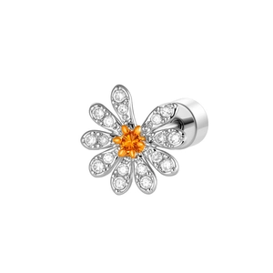 Daisy design cartilage stud with orange gemstone and micro-paved zircons in silver finish