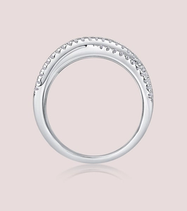 Detail of multi-layer crossover S925 silver ring with micro-pave moissanite stones