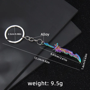 Rainbow metal sword keychain model with dimensions shown on dark textured background
