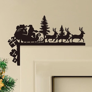 Christmas Santa Claus reindeer sleigh black silhouette door corner frame decoration