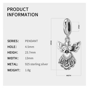 S925 sterling silver angel pendant for DIY necklaces and bracelets with dimensions
