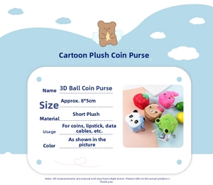 Detailed view of plush cartoon coin purses with soft fabric and 8x5cm compact size