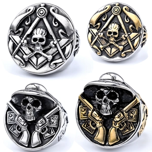 Masonic Skull Ring Stainless Steel Retro Punk Gothic Crossbones Revolver Poker Motif Jewelry For Men