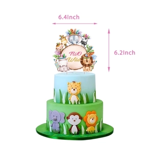 Close-up of TWO Wild birthday cake topper with cartoon elephant lion and monkey figures